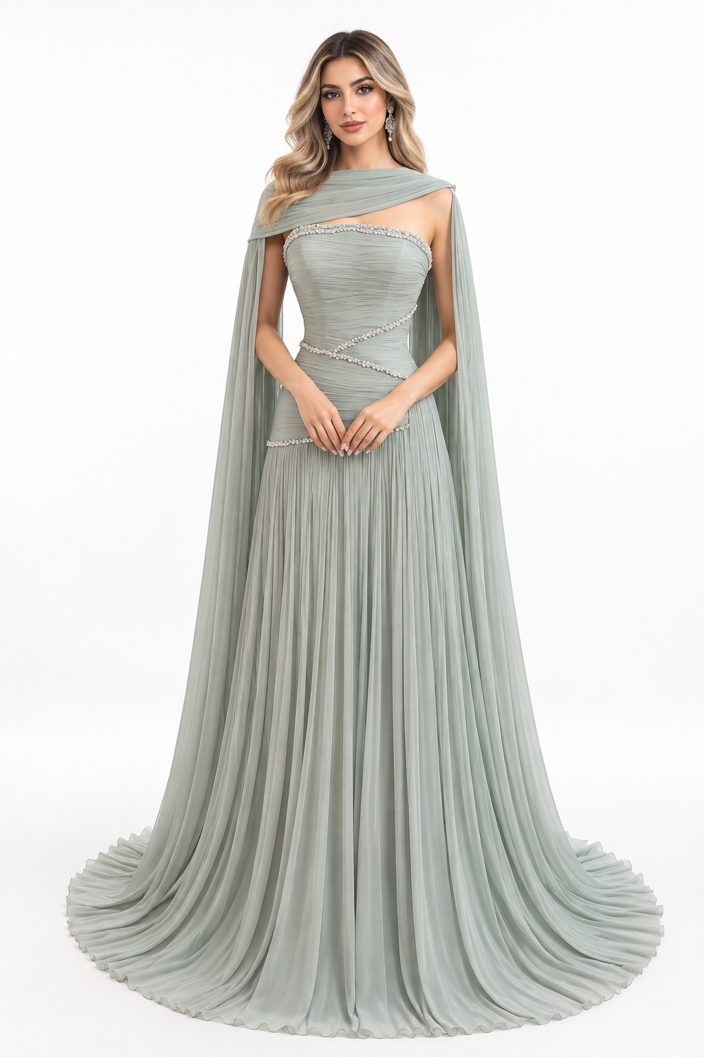 Crystal Draped Cape Gown - Sage