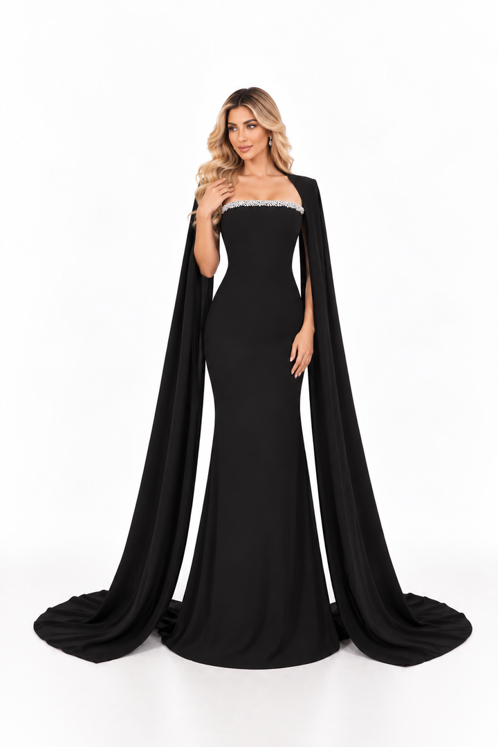 Crystal Cape Mermaid Gown - Midnight