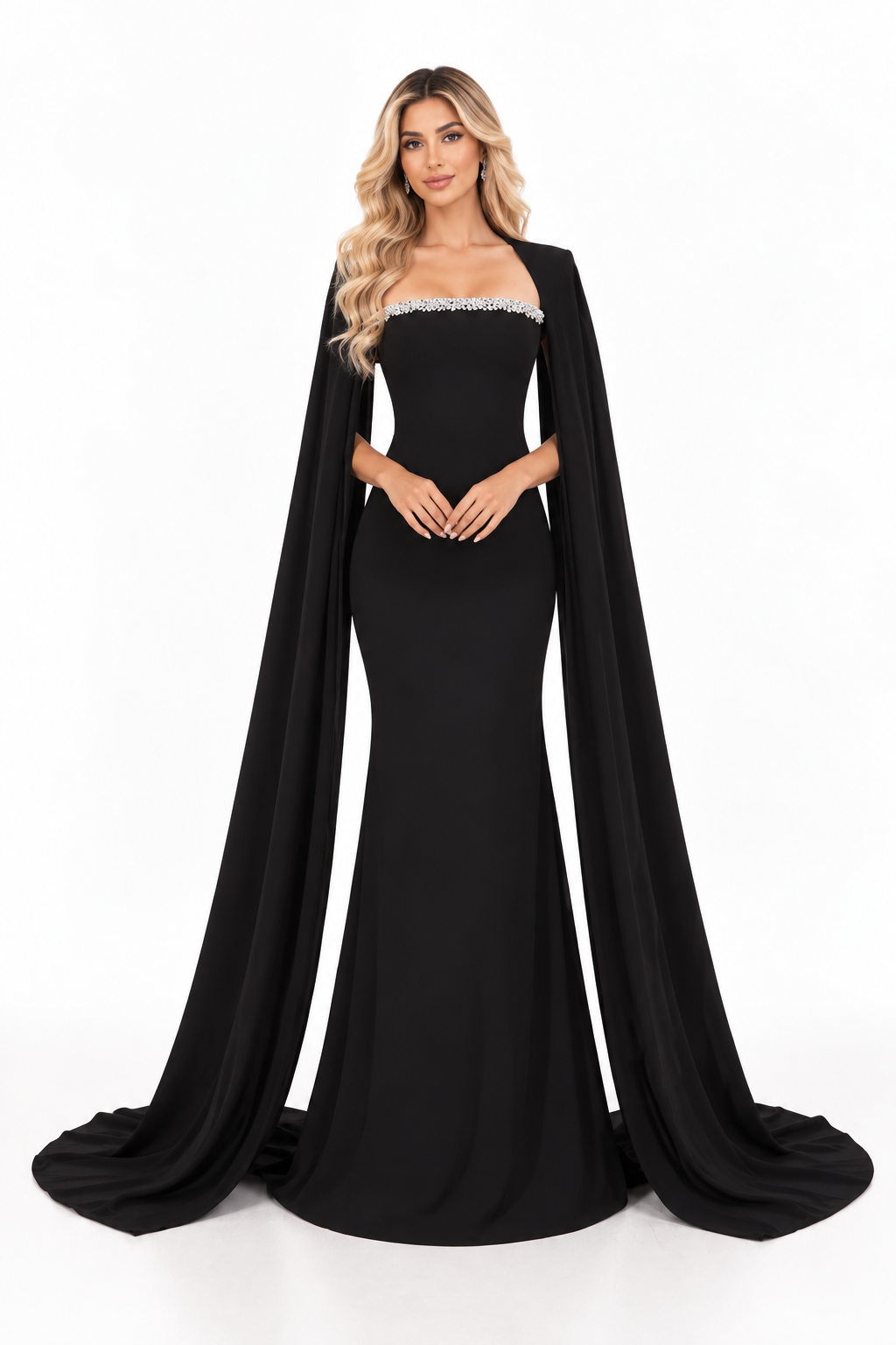 Crystal Cape Mermaid Gown - Midnight