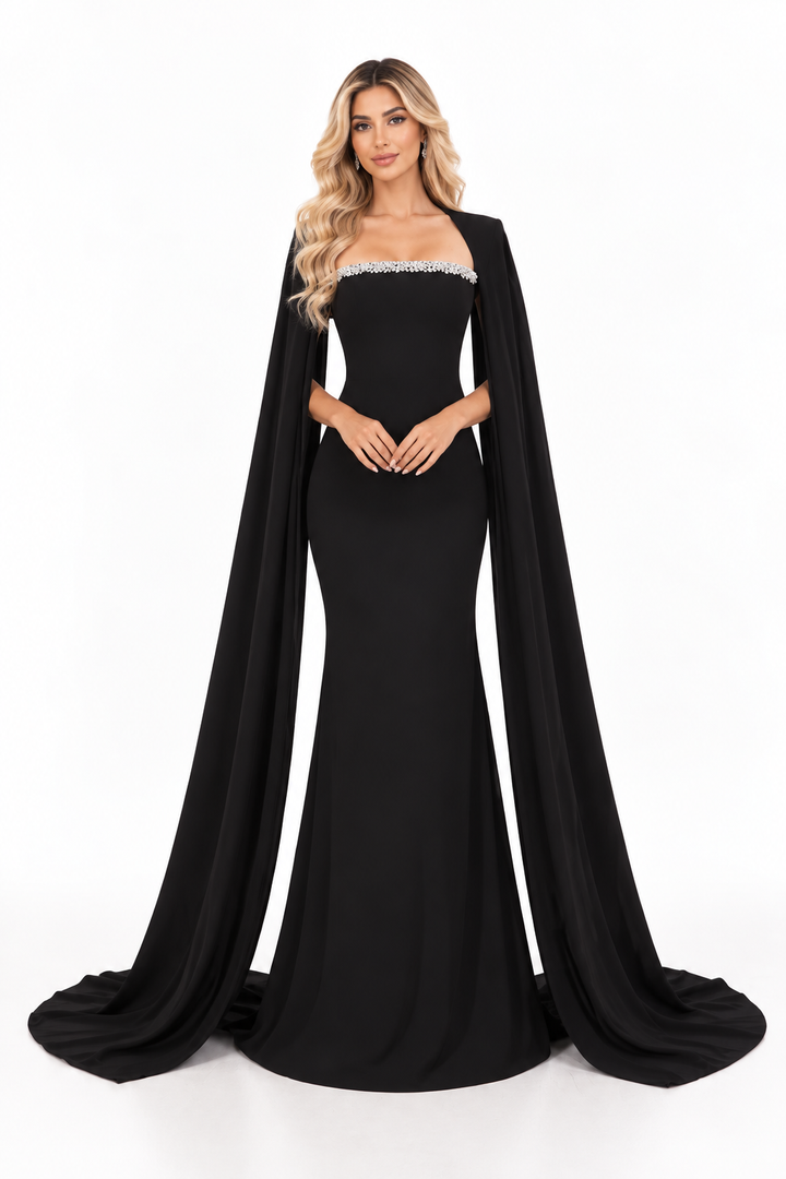 Crystal Cape Mermaid Gown - Midnight