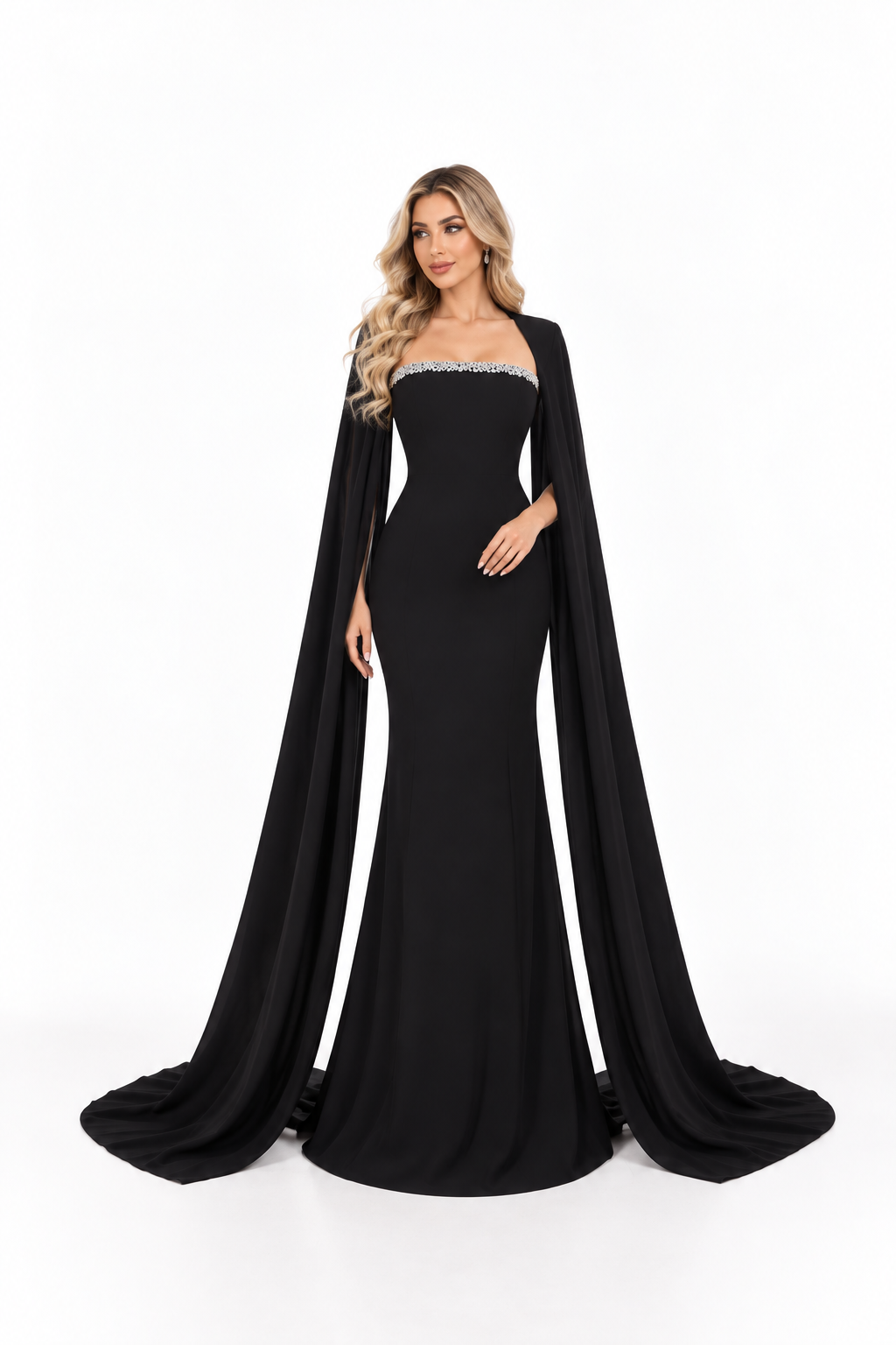 Crystal Cape Mermaid Gown - Midnight
