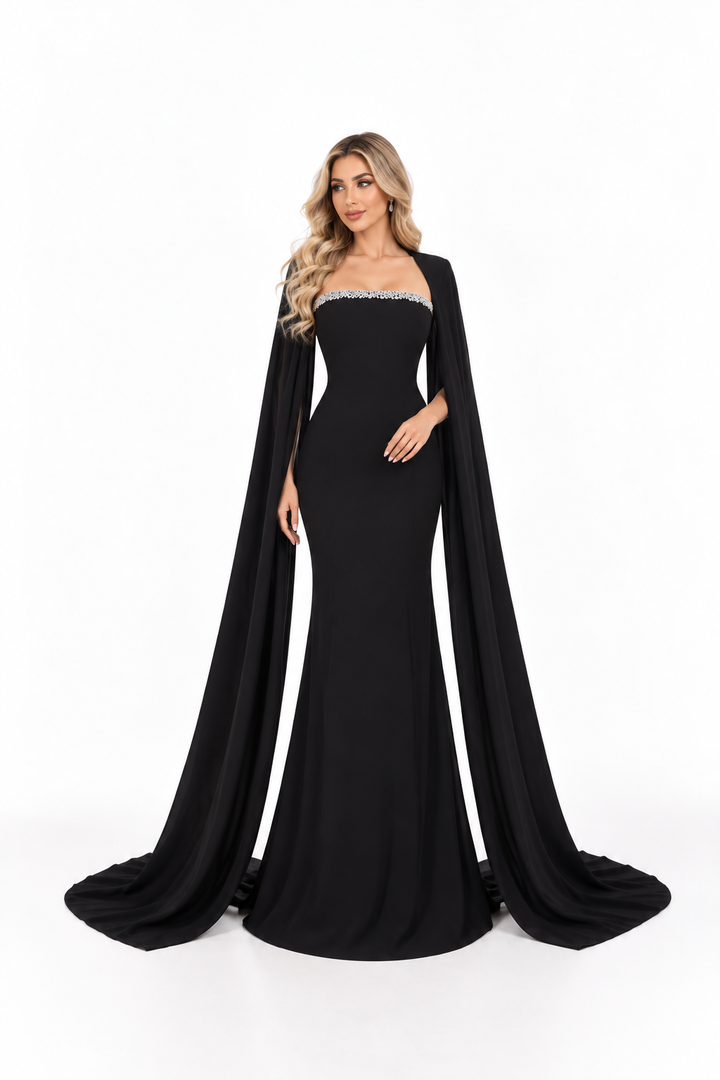 Crystal Cape Mermaid Gown - Midnight