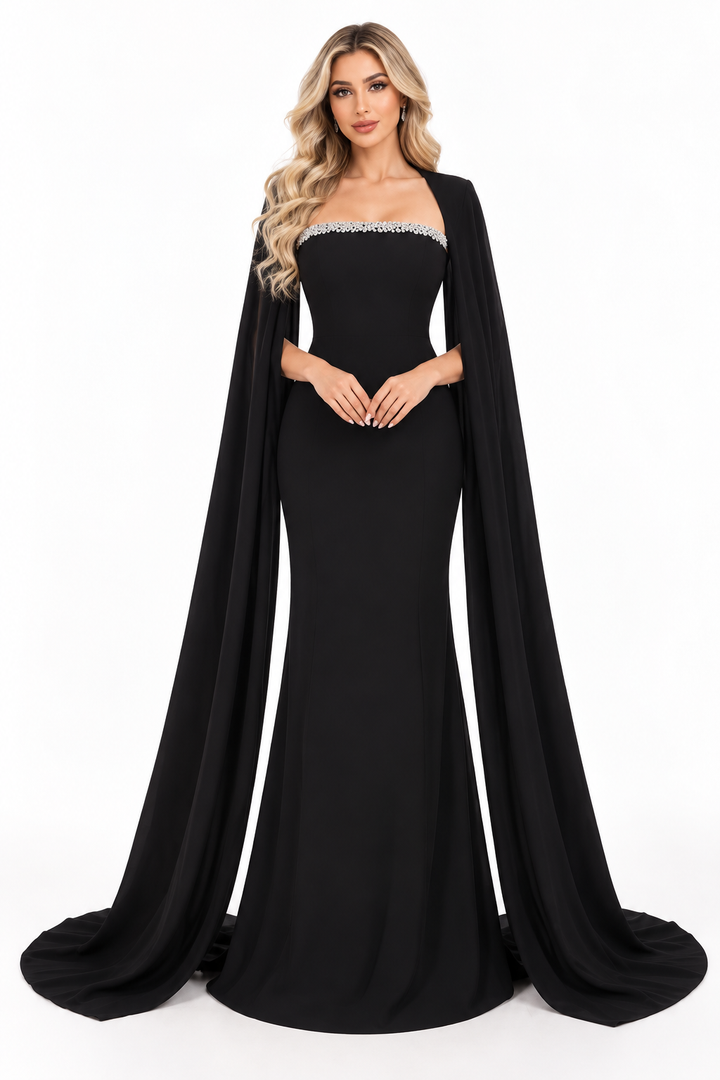 Crystal Cape Mermaid Gown - Midnight