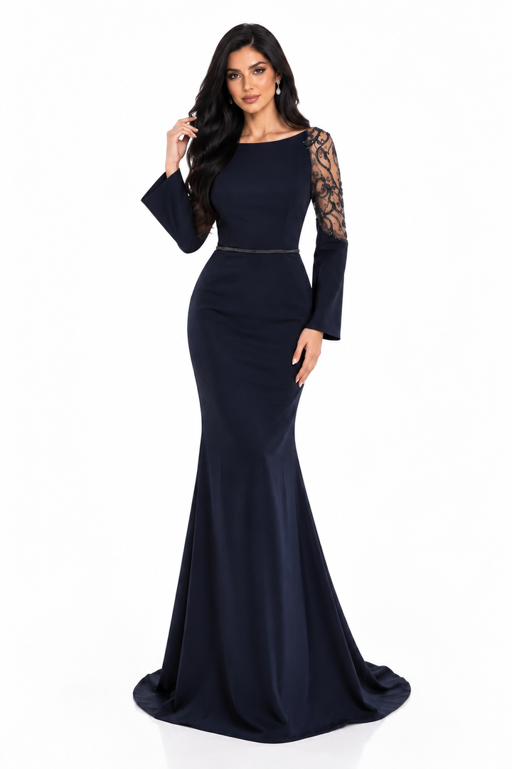 Lace Sleeve Mermaid Gown - Midnight