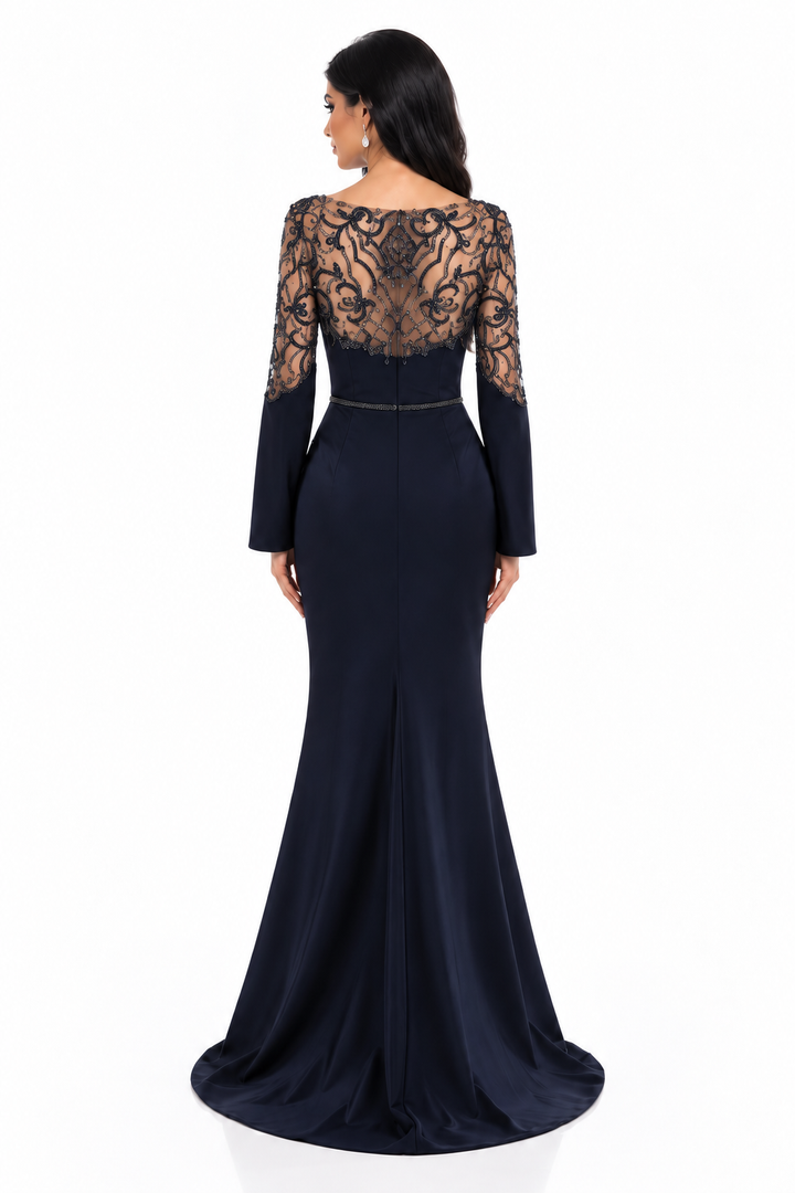 Lace Sleeve Mermaid Gown - Midnight