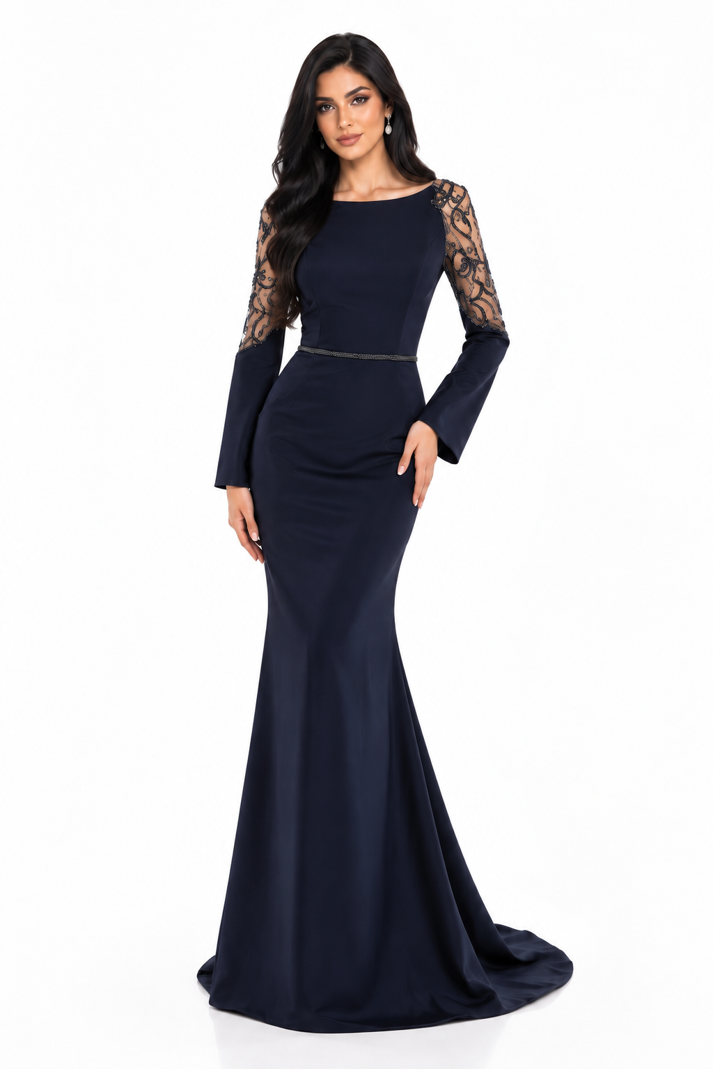Lace Sleeve Mermaid Gown - Midnight
