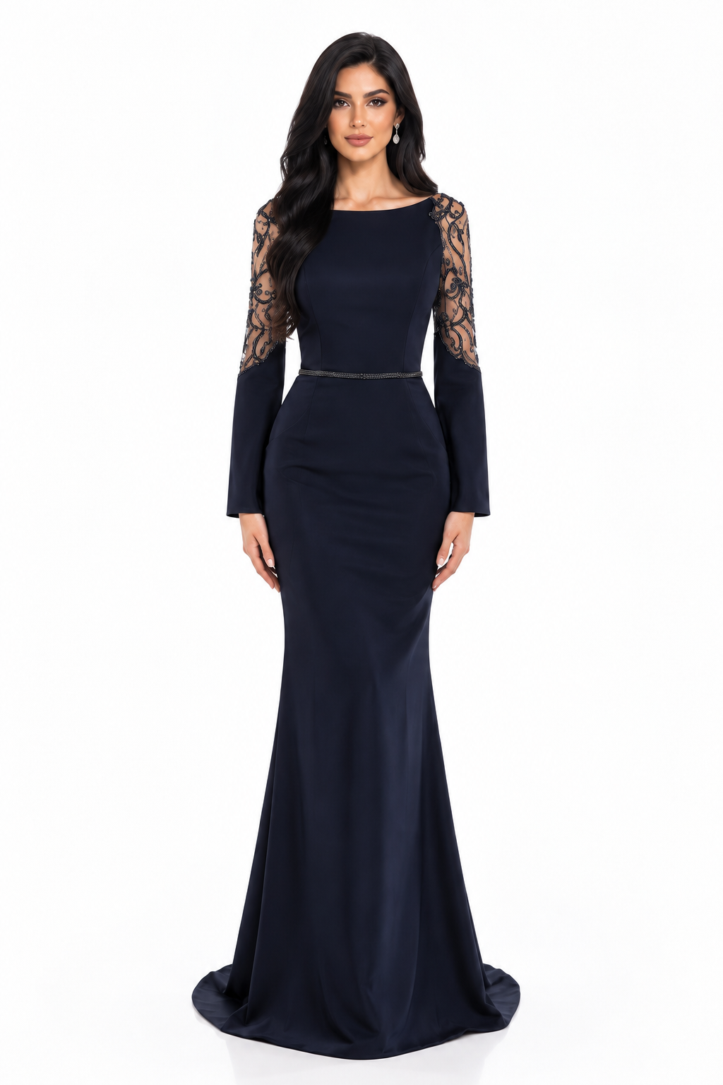 Lace Sleeve Mermaid Gown - Midnight