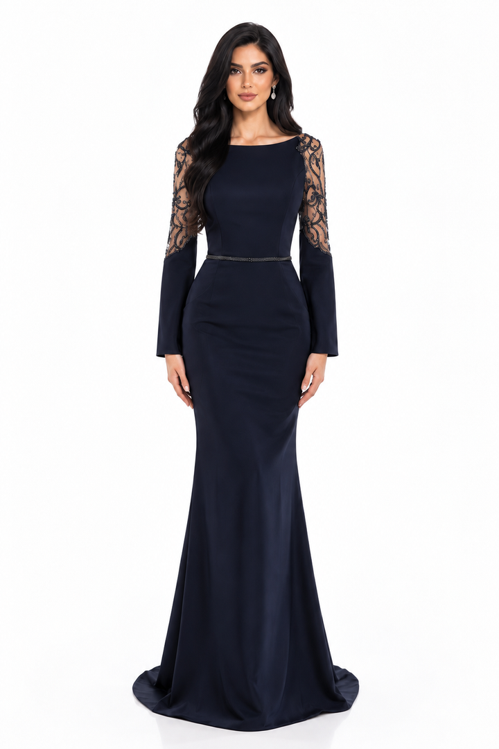 Lace Sleeve Mermaid Gown - Midnight
