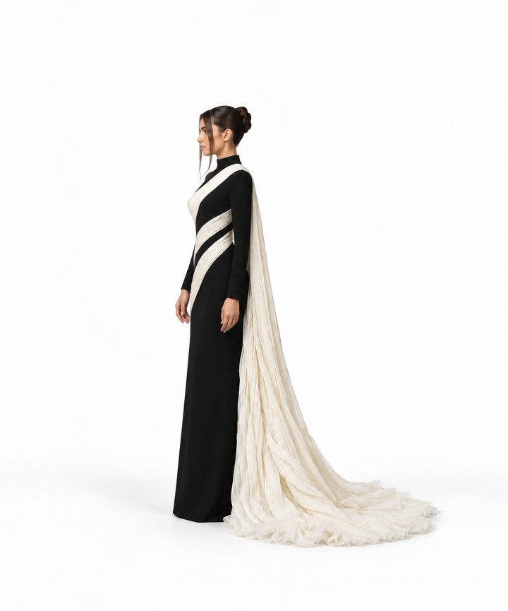 Contrast Draped Column Gown - Monochrome