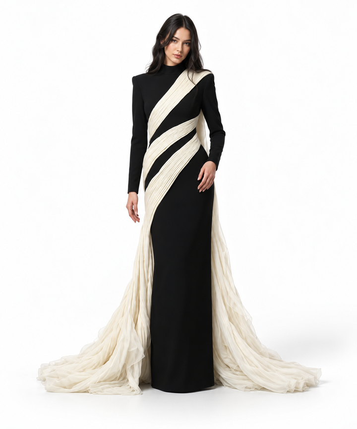 Contrast Draped Column Gown - Monochrome