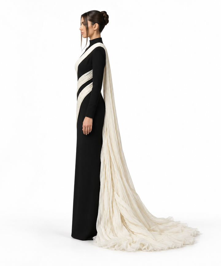 Contrast Draped Column Gown - Monochrome