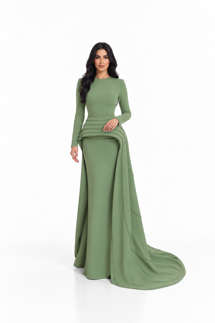 Draped Waist Column Gown - Sage