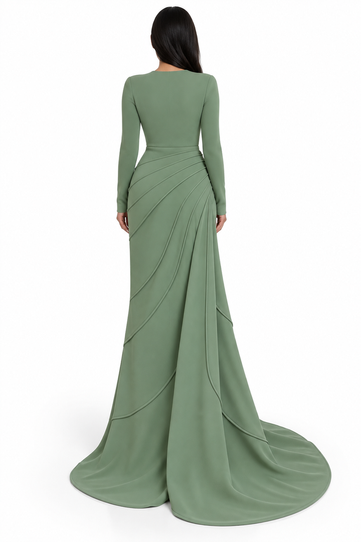 Draped Waist Column Gown - Sage