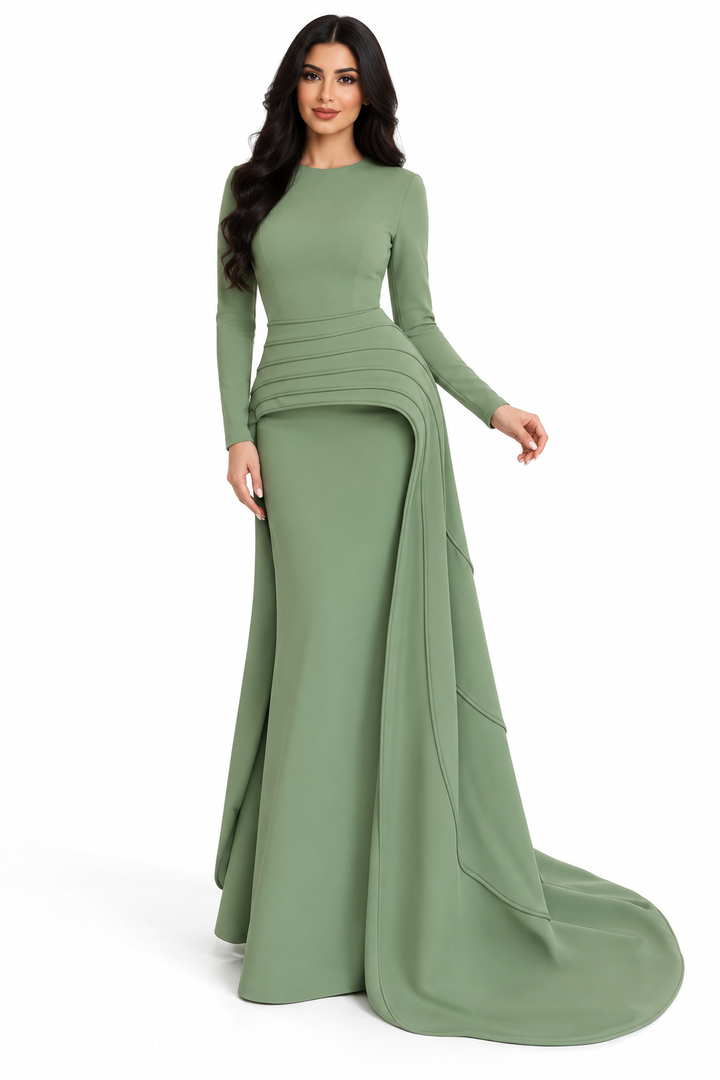 Draped Waist Column Gown - Sage