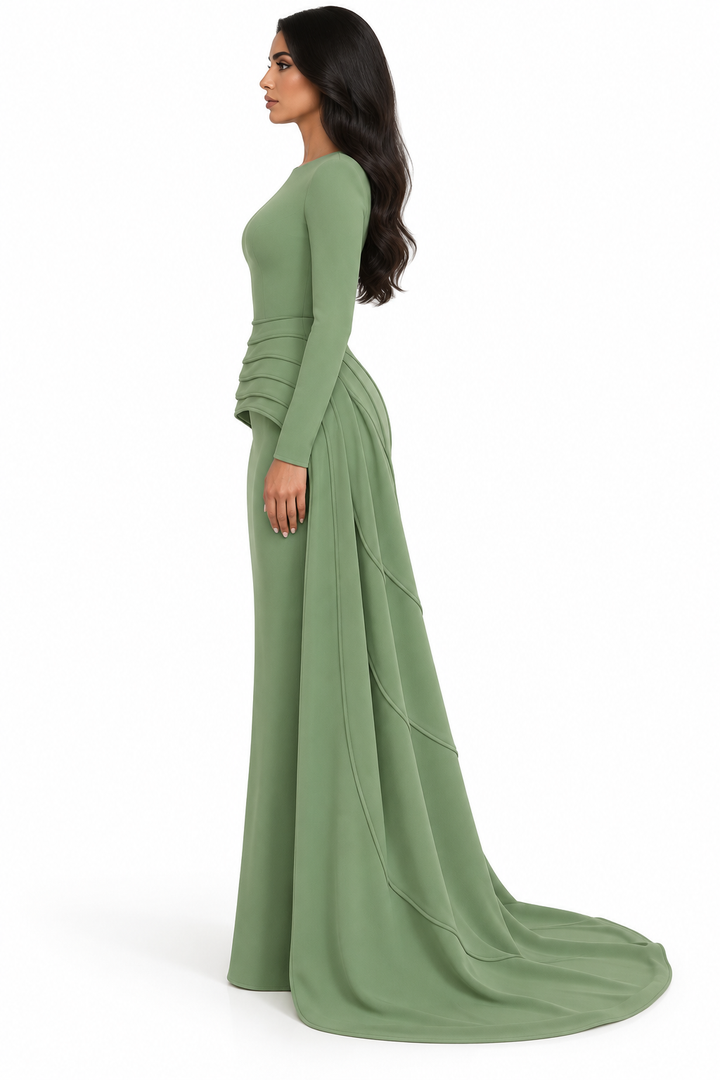 Draped Waist Column Gown - Sage