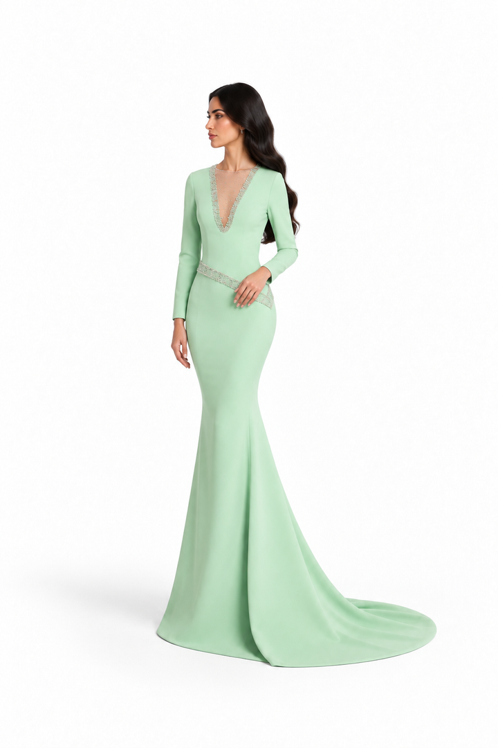 Crystal Trim Column Gown - Mint