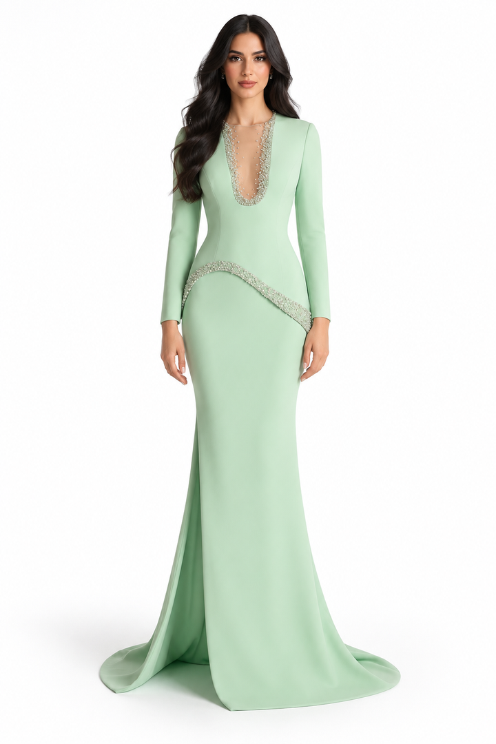 Crystal Trim Column Gown - Mint