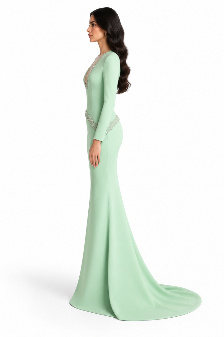 Crystal Trim Column Gown - Mint