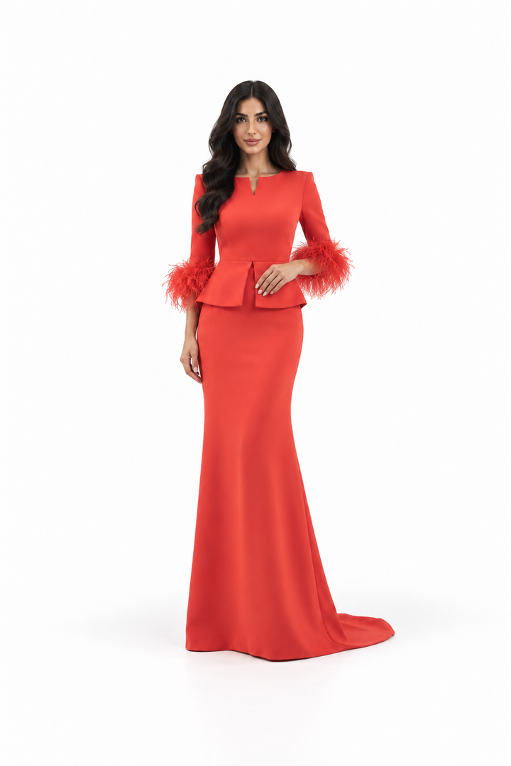 Feather Cuff Peplum Gown - Coral