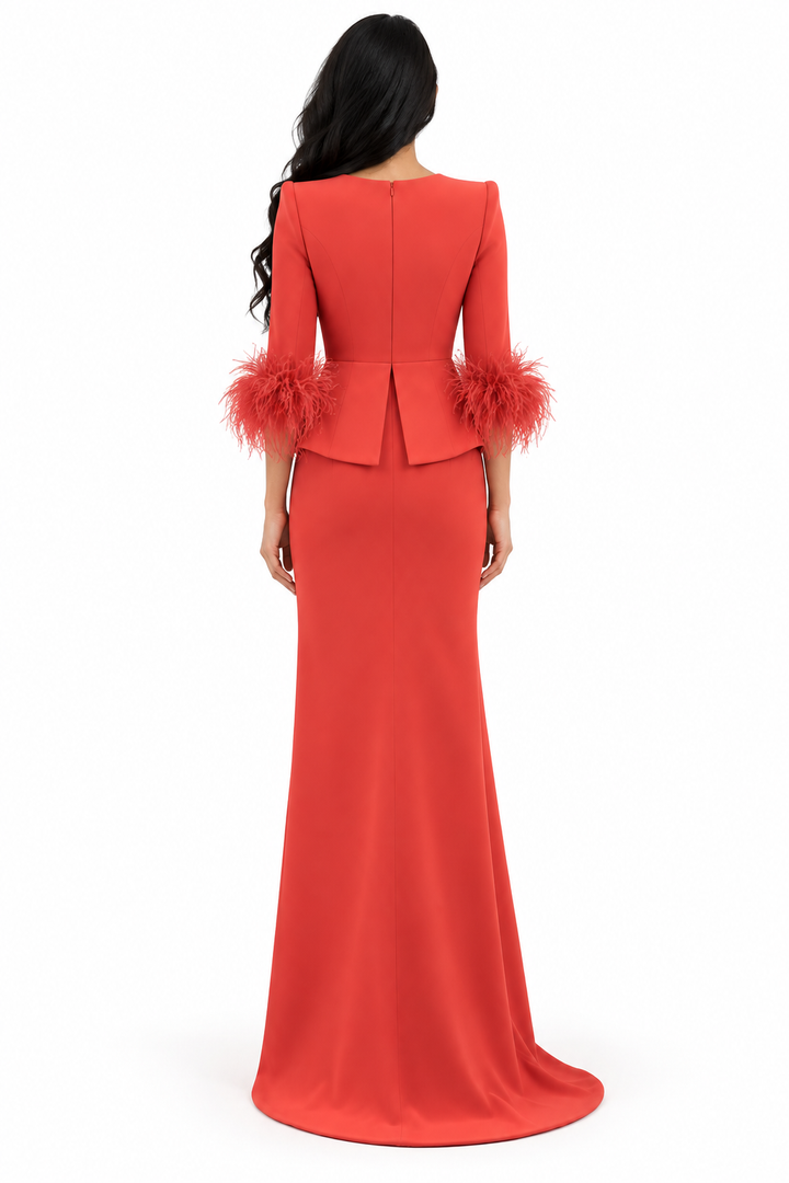 Feather Cuff Peplum Gown - Coral