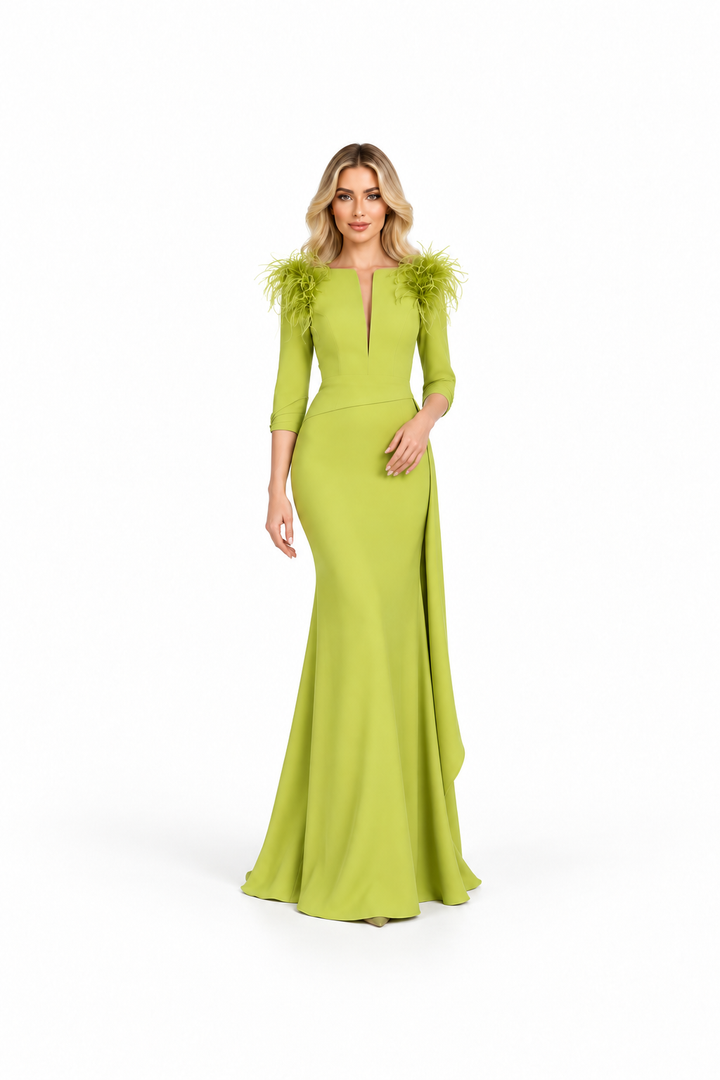 Feather Shoulder Column Gown - Lime