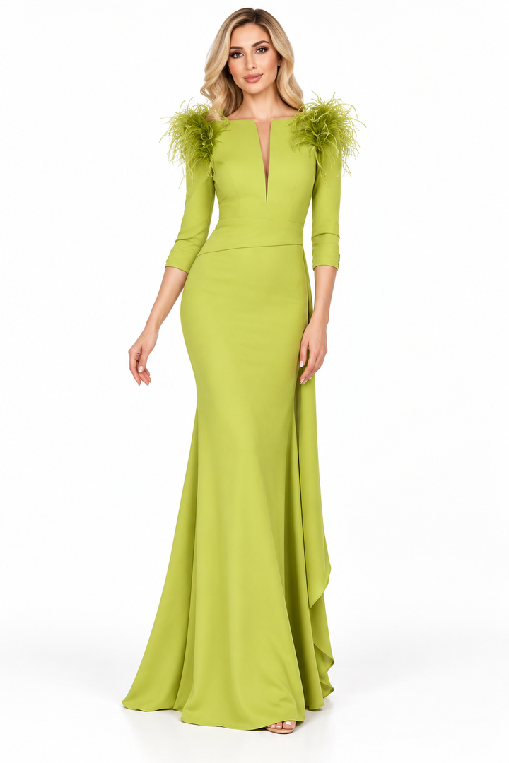 Feather Shoulder Column Gown - Lime