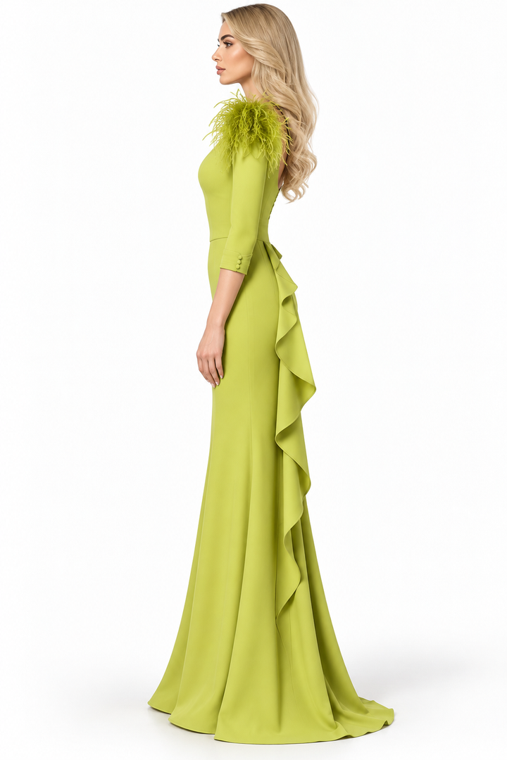 Feather Shoulder Column Gown - Lime