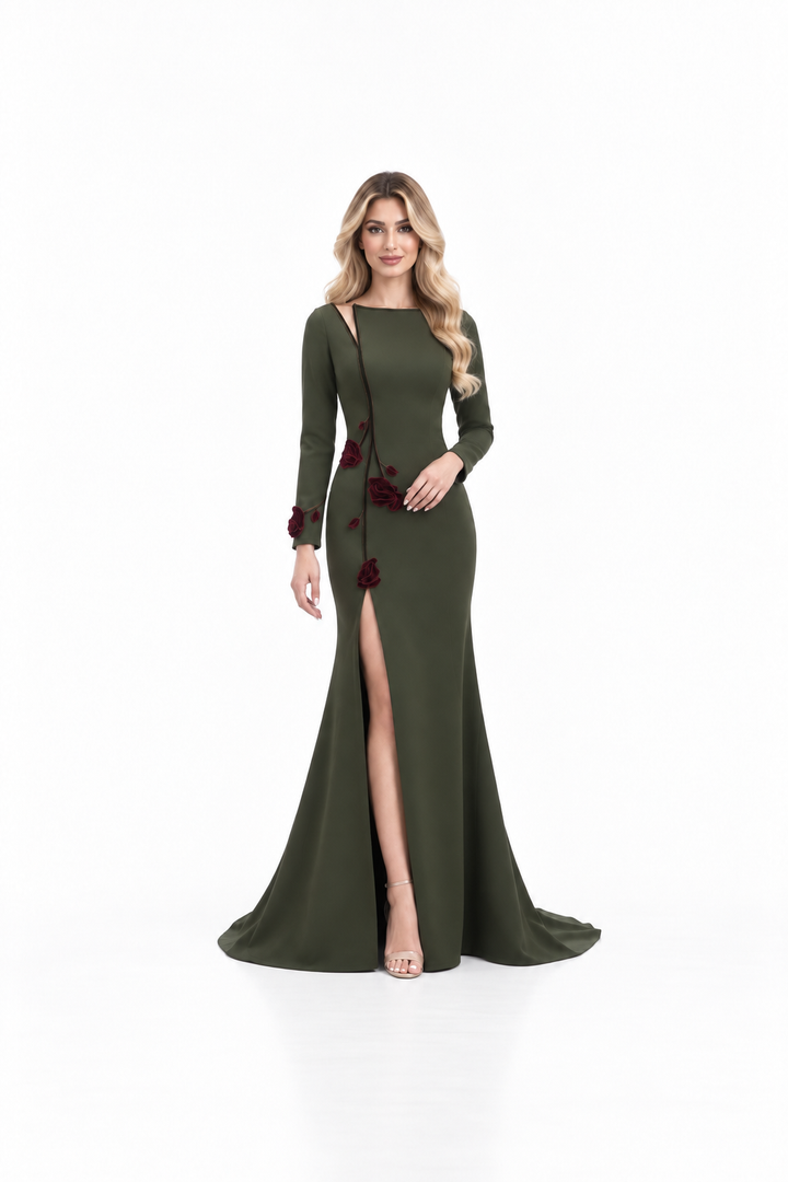 Rose Appliqué Slit Gown - Olive