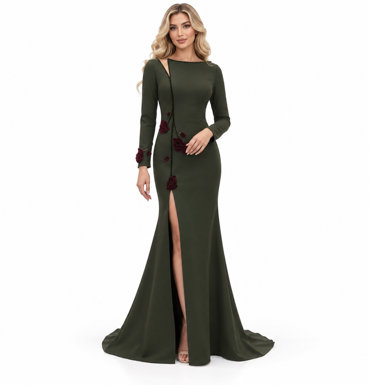 Rose Appliqué Slit Gown - Olive