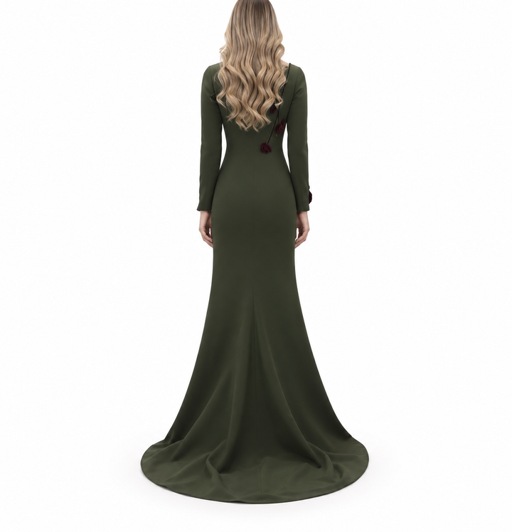 Rose Appliqué Slit Gown - Olive