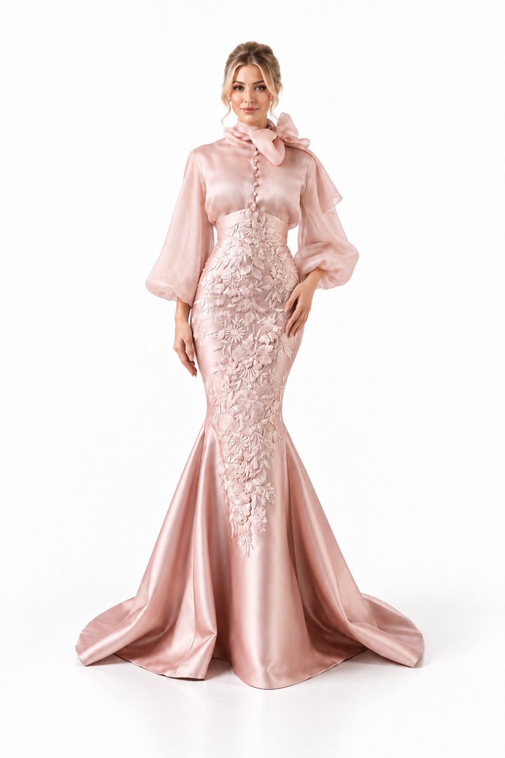Floral Lace Mermaid Gown - Blush