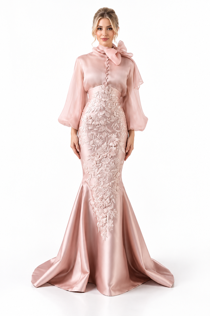 Floral Lace Mermaid Gown - Blush
