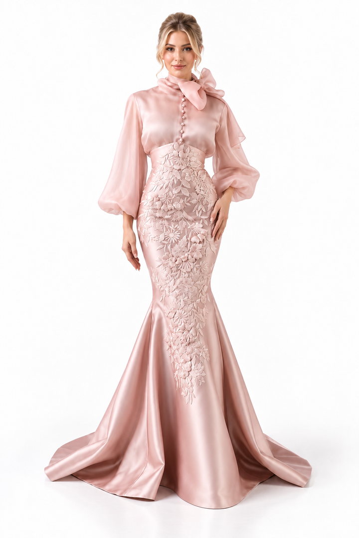 Floral Lace Mermaid Gown - Blush