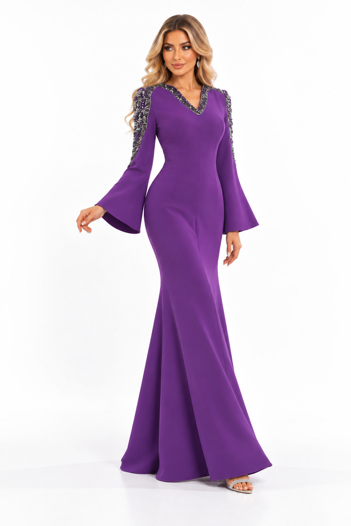 Crystal Shoulder Evening Gown - Violet