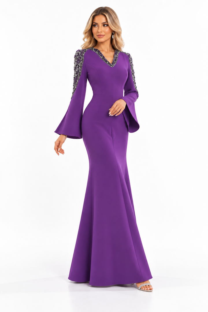 Crystal Shoulder Evening Gown - Violet