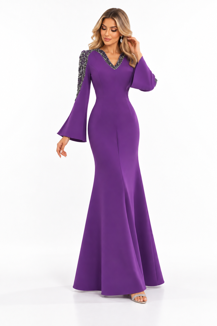 Crystal Shoulder Evening Gown - Violet