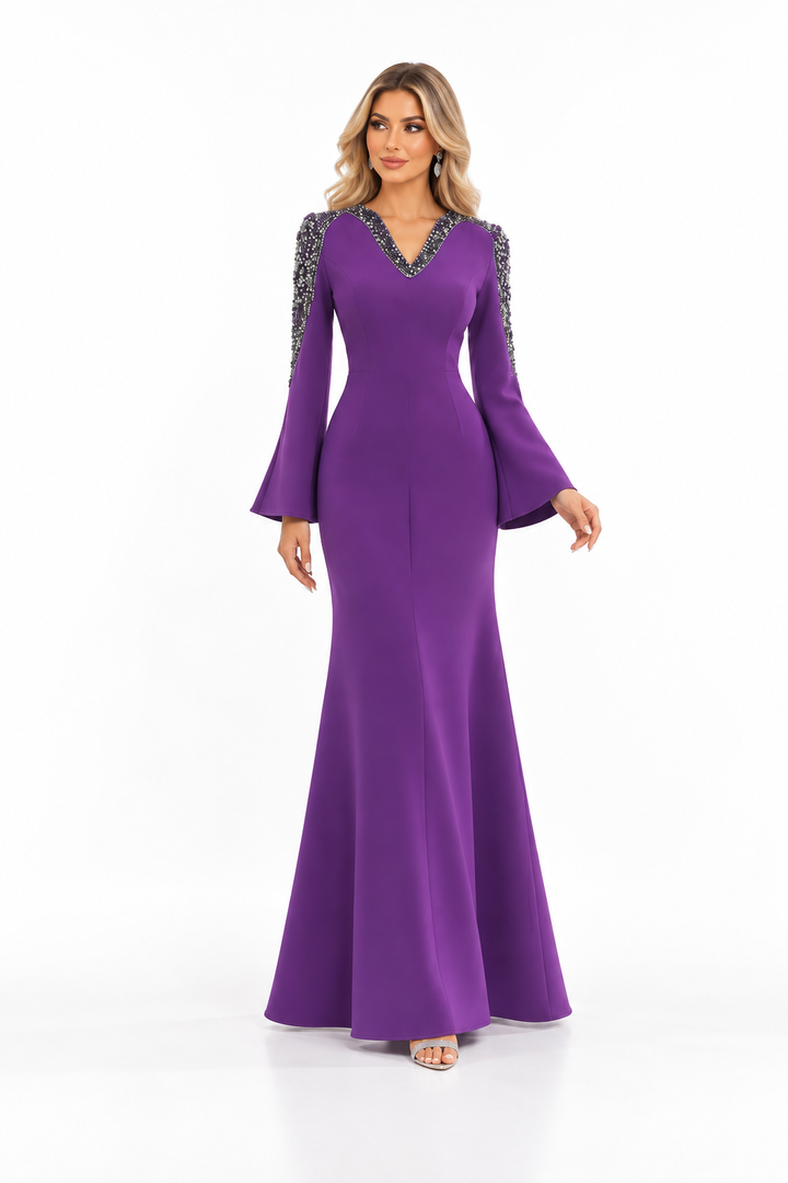 Crystal Shoulder Evening Gown - Violet