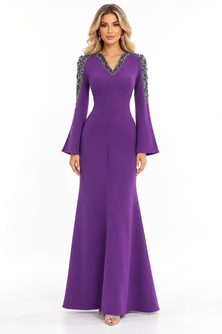 Crystal Shoulder Evening Gown - Violet