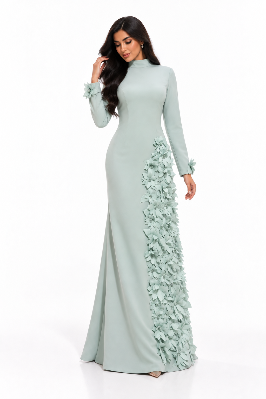 Floral Appliqué Column Gown - Mint