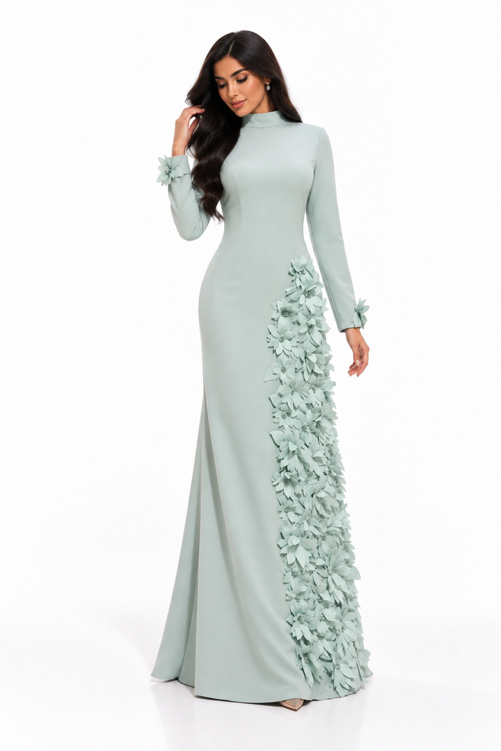Floral Appliqué Column Gown - Mint