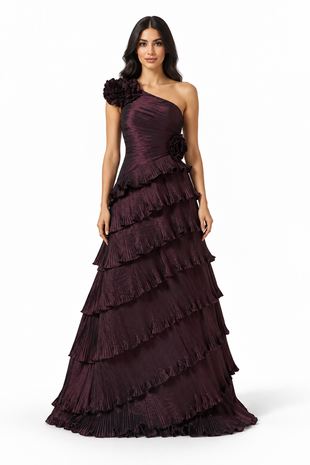 Tiered Ruffle One-Shoulder Gown - Plum