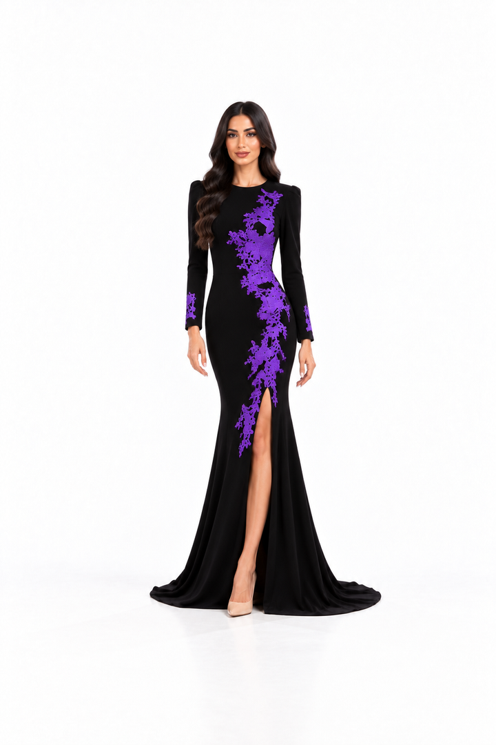 Floral Appliqué Slit Gown - Violet