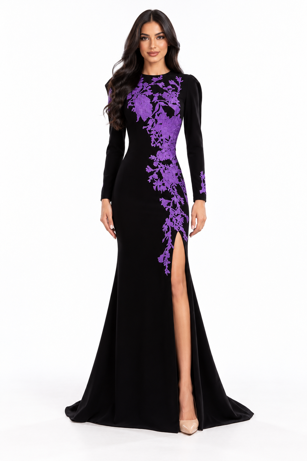 Floral Appliqué Slit Gown - Violet