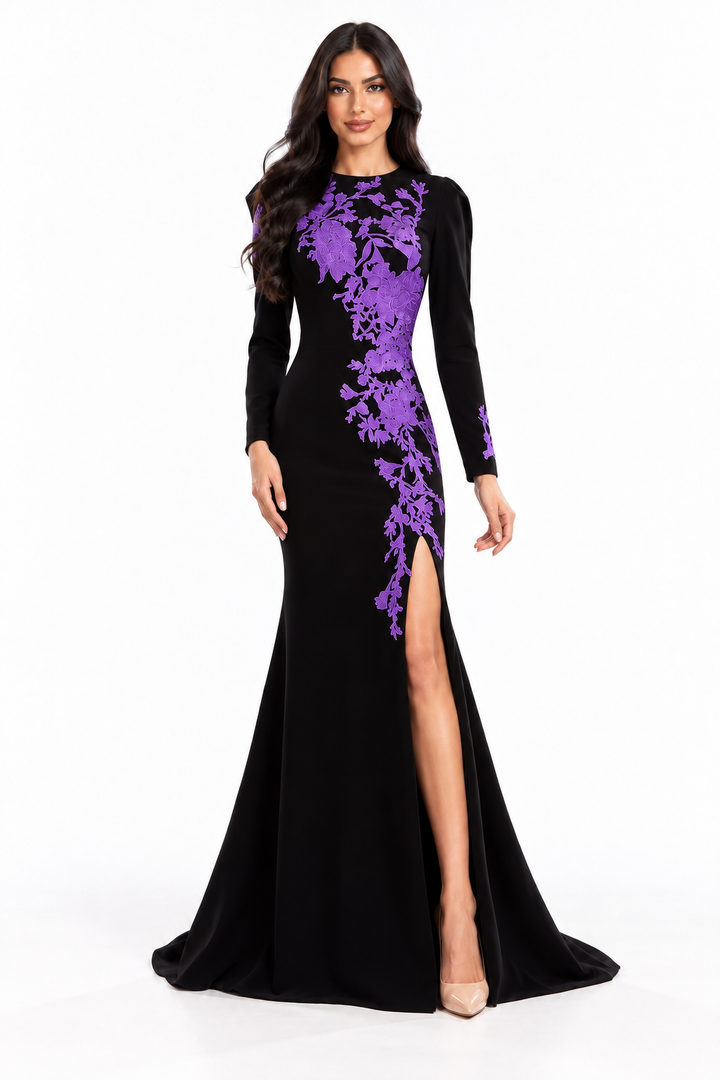 Floral Appliqué Slit Gown - Violet