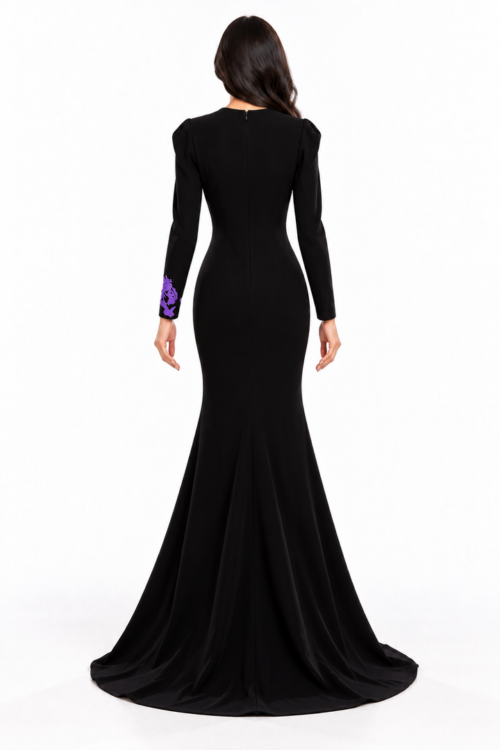 Floral Appliqué Slit Gown - Violet
