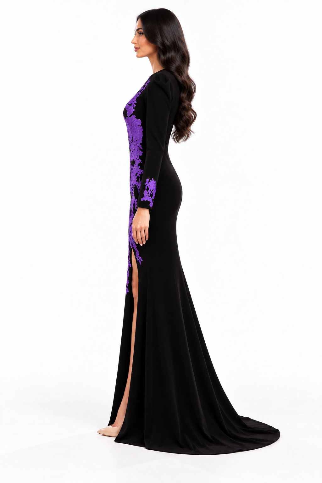 Floral Appliqué Slit Gown - Violet