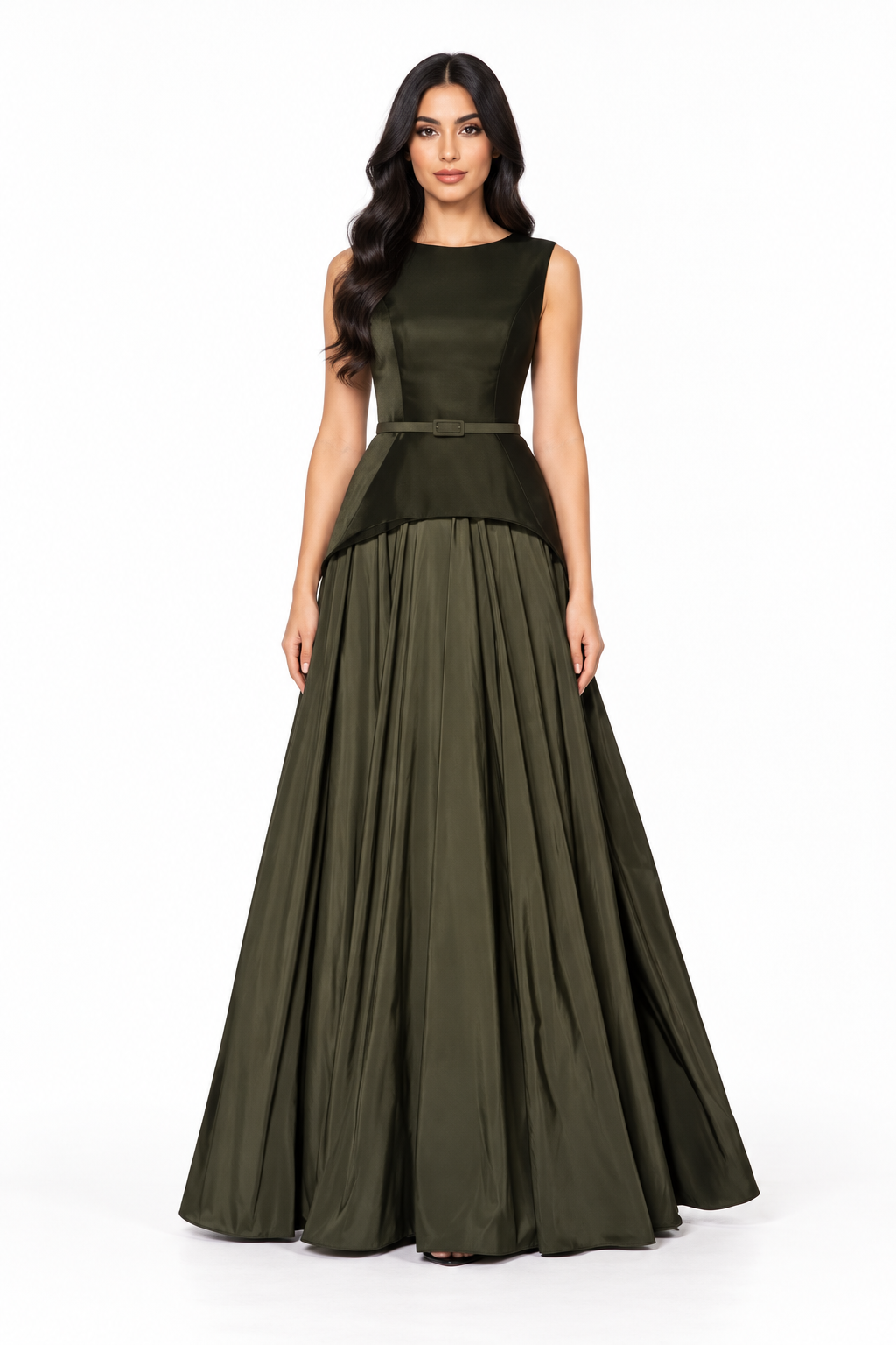 Belted Satin Ball Gown - Olive