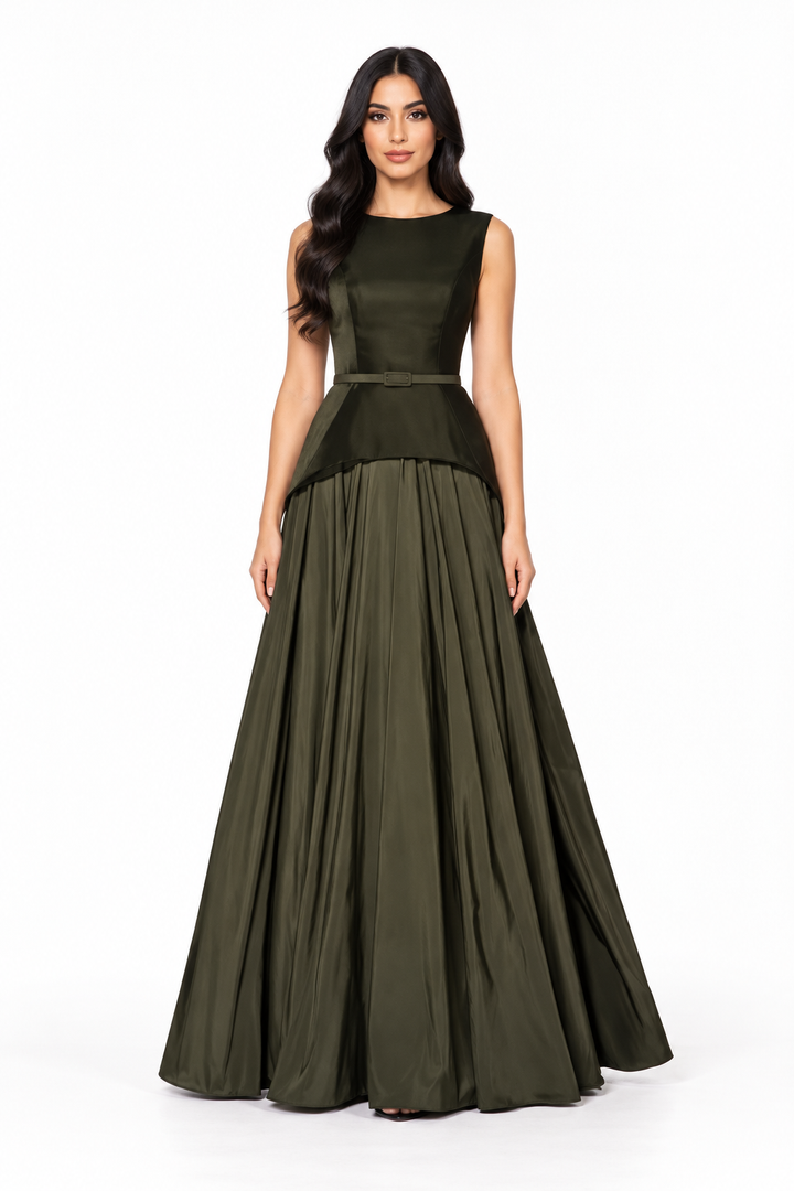 Belted Satin Ball Gown - Olive