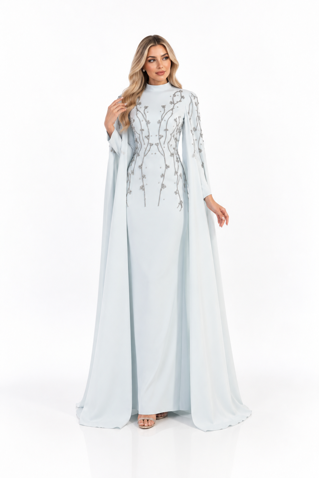 Crystal Cape Column Gown - Ice