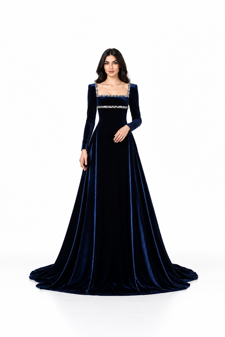 Crystal Square Neck Velvet Gown - Navy